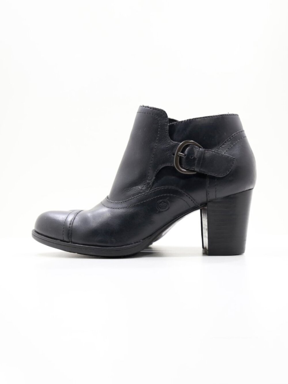 Born Morgane Black Leather 2.5" Block Heel Ankle Booties - 6.5